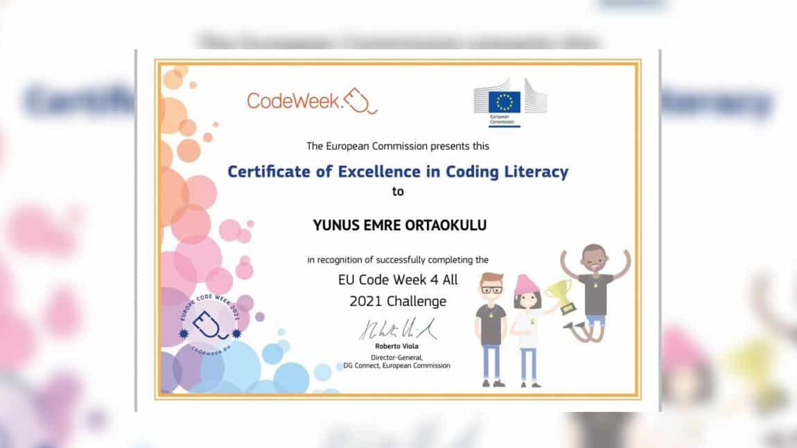 CodeWeek Haftası Etkinlikleri Kapsamında Faaliyet Gösteren Okulumuz Mükemmelik Sertifikasını Almaya Hak Kazandı